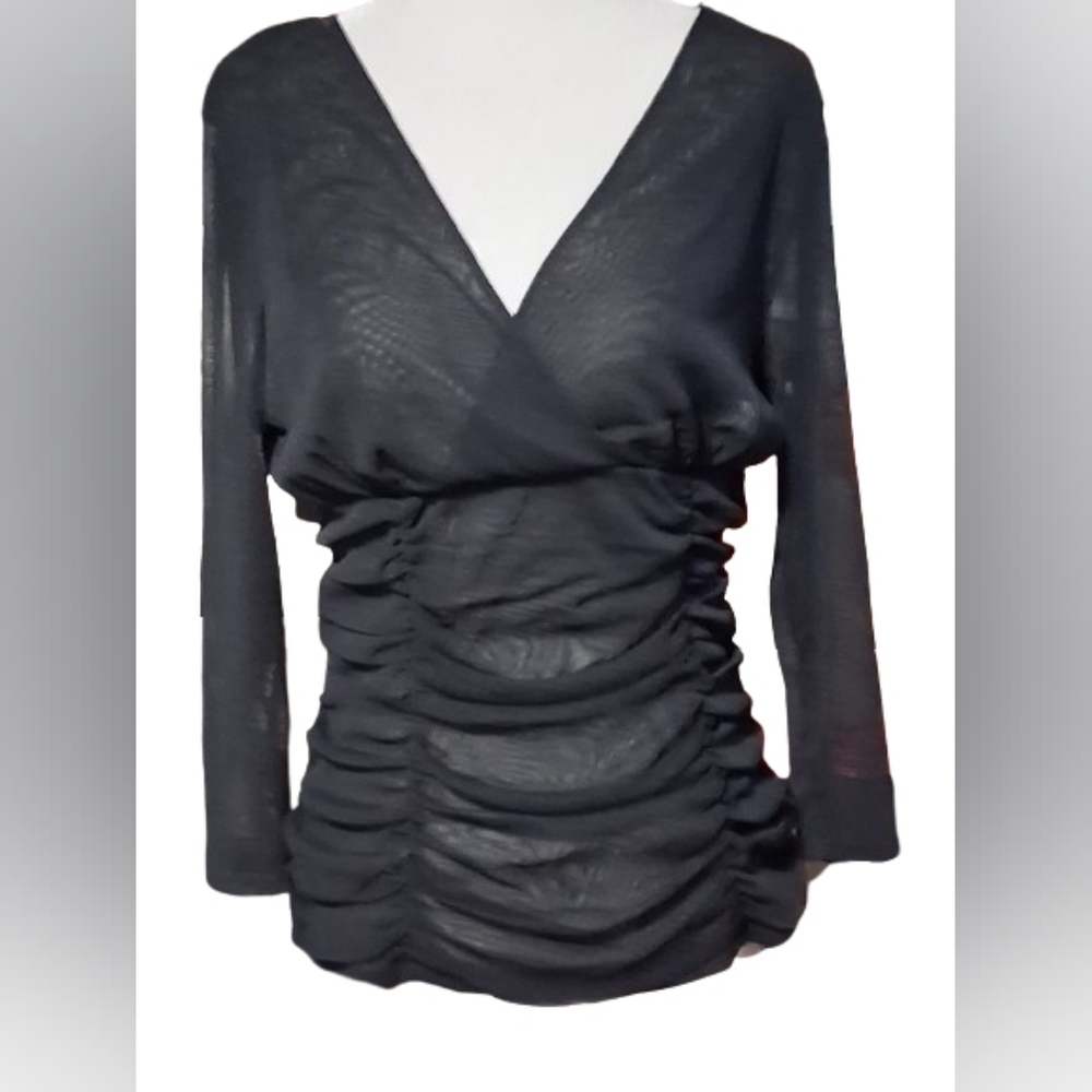 NWOT "INC International Concepts" Sheer Black Ruched Blouse, Mid Sleeve, X Large